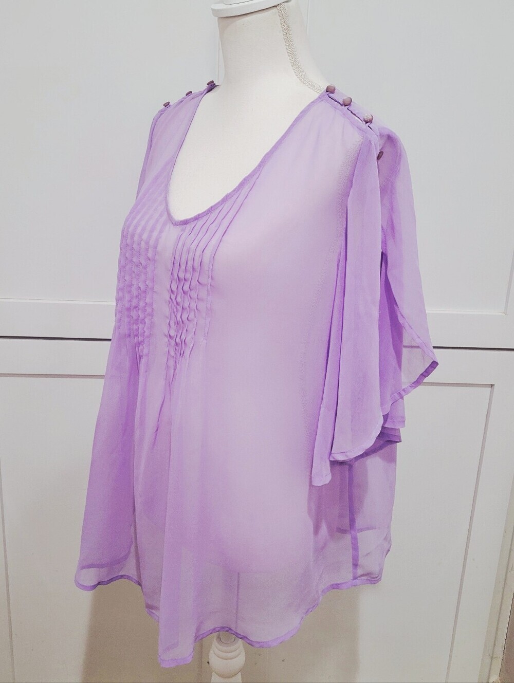 Cristina Sheer Lavender Pintuck V-Neck Flutter Sleeve Top | Size XL - Picture 2 of 8